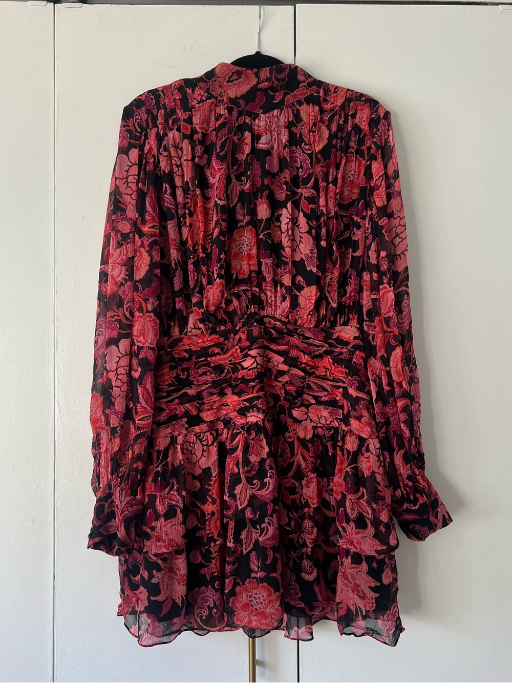 Hemant & Nandita Crimson Floral Long Sleeved Ruched Georgette Mini Dress Size L